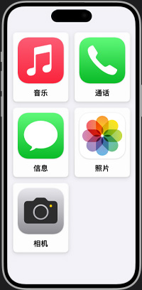 簡(jiǎn)化的 iPhone 主屏幕上，界面顯示音樂、通話、信息、照片和相機(jī) app。
