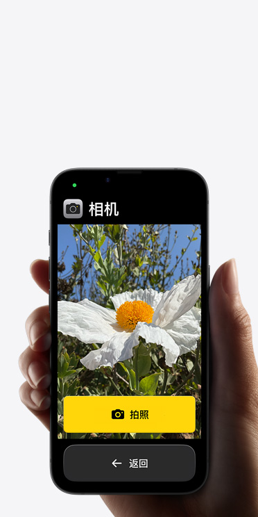 iPhone?16e 屏幕顯示精簡的相機 app 界面，包括取景畫面中的白色花朵、“拍照”按鈕及其下方的“返回”按鈕。