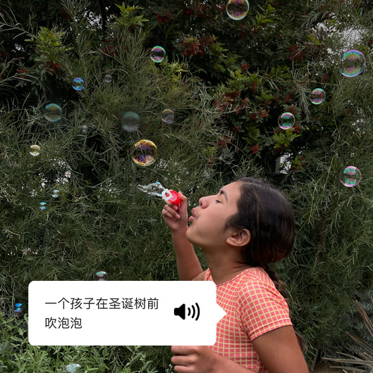 旁白功能正在描述照片，同時(shí)描述的語音內(nèi)容以文字呈現(xiàn)出來：一個(gè)孩子在圣誕樹前吹泡泡。