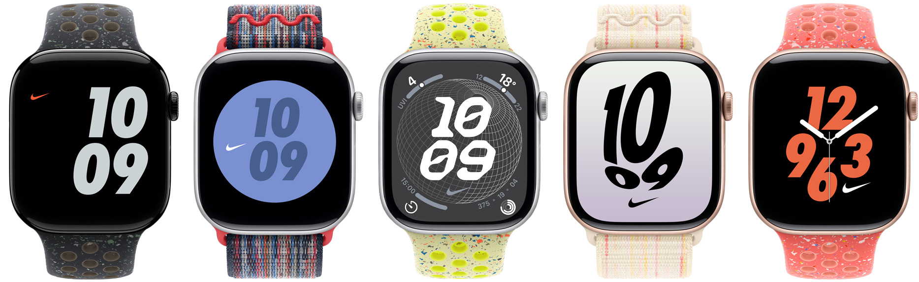 五只 Apple Watch 設備各自搭配 Nike 運動表帶和 Nike 回環(huán)式運動表帶，展示色彩各異的 Nike 表盤。