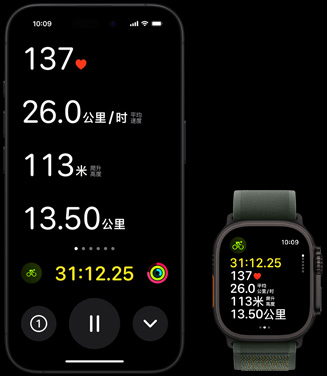Apple Watch Ultra 2 和 iPhone 上的實時活動同時展示某人的單車訓(xùn)練指標(biāo)。