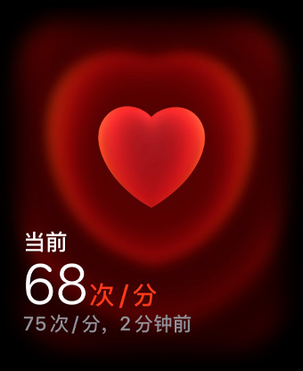Apple Watch Ultra 2 屏幕上顯示當(dāng)前心率和兩分鐘前的心率。