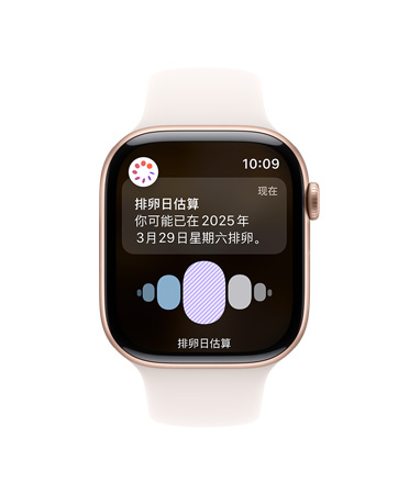 Apple Watch Series 10 搭配白色運(yùn)動(dòng)型表帶的正面視圖，用戶界面顯示排卵日和經(jīng)期歷史。