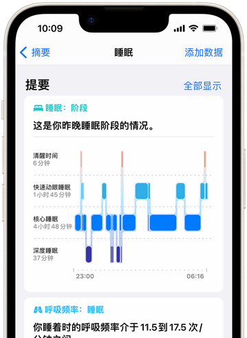一部 iPhone 設(shè)備顯示健康 app 中的睡眠階段。