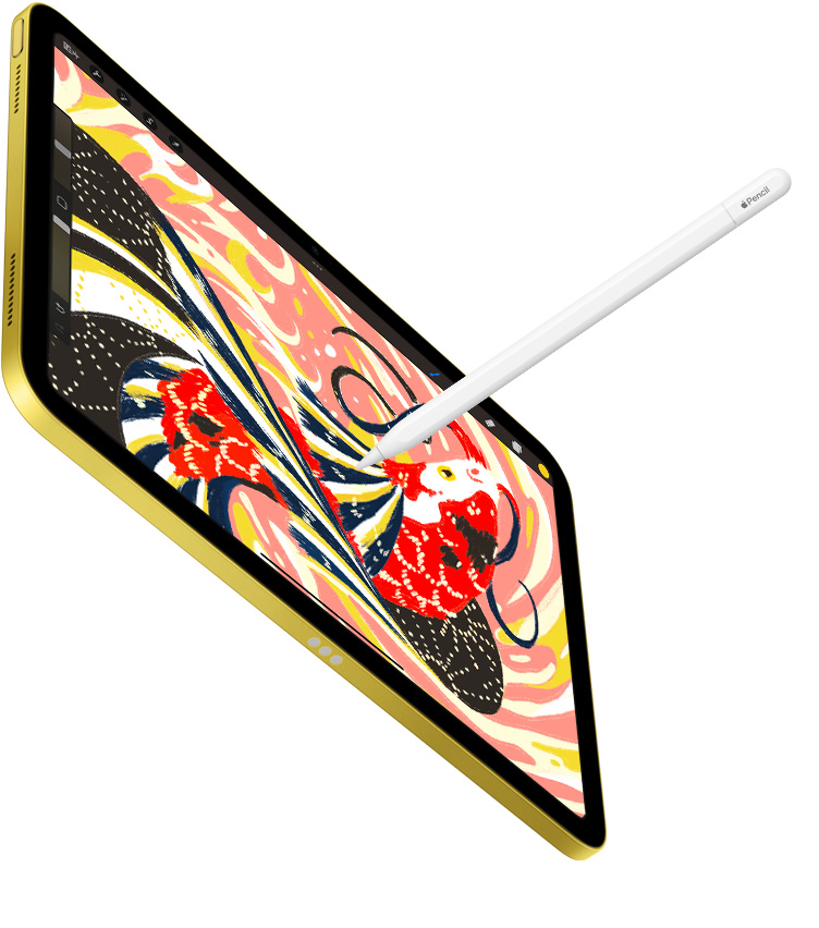 iPad 上展示在 Procreate app 中繪制的魚的彩色插畫，Apple Pencil 正在 iPad 上作畫。