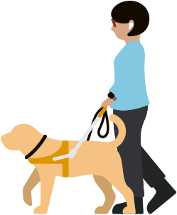 一位低視力的女士佩戴 AirPods，牽著服務(wù)犬走路。