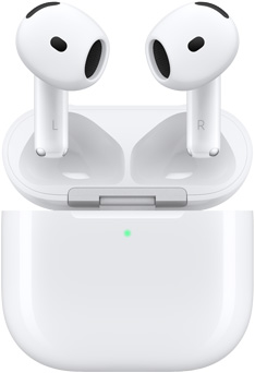 AirPods 4 懸浮在充電盒上方，盒蓋打開。