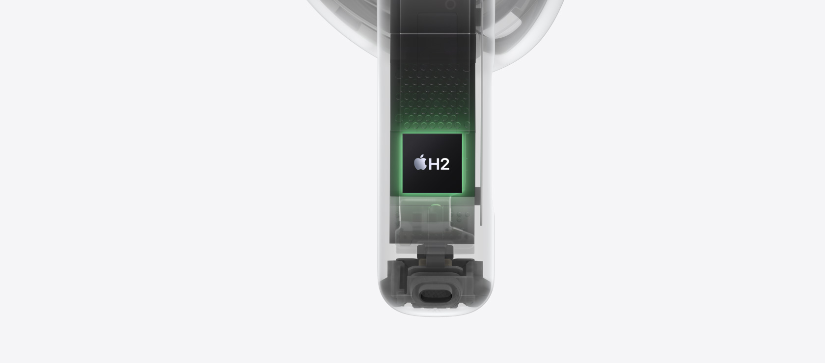 重點展示 AirPods 4 耳機柄內(nèi)部的 H2 芯片。