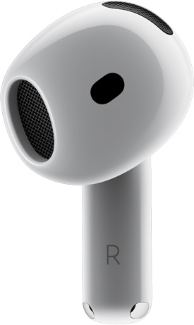 AirPods 4，展示 AirPods 的正面視圖，配有橫線指向“入耳超貼合”文字。