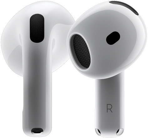 兩只 AirPods 4 圍繞彼此旋轉(zhuǎn)，在多個不同角度停下來。