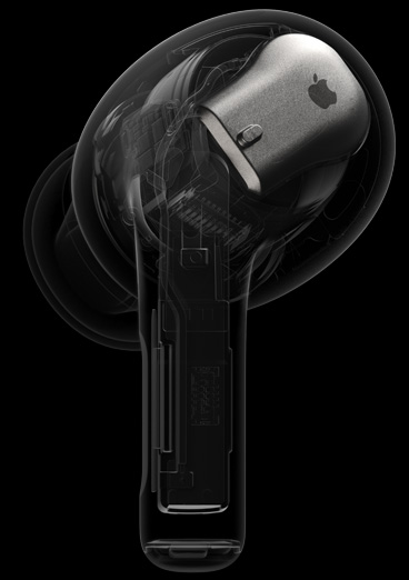 AirPods Pro 的內(nèi)部透視圖，重點(diǎn)展示 H2 芯片外殼。