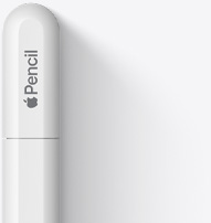 圖片展示 Apple Pencil USB-C 的尾部，具有圓潤(rùn)的末端、Apple 標(biāo)志和 Pencil 字樣。 靠近末端處有一條線，表示筆帽可由此推動(dòng)打開，內(nèi)部端口用來(lái)與 USB-C 連接線相連。