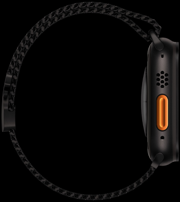 Apple Watch Ultra 2 的側(cè)面視圖，操作按鈕醒目地展示出來。