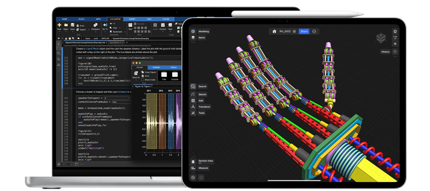 MacBook 和 iPad 上顯示的科學(xué)、技術(shù)、工程和數(shù)學(xué)應(yīng)用程序。
