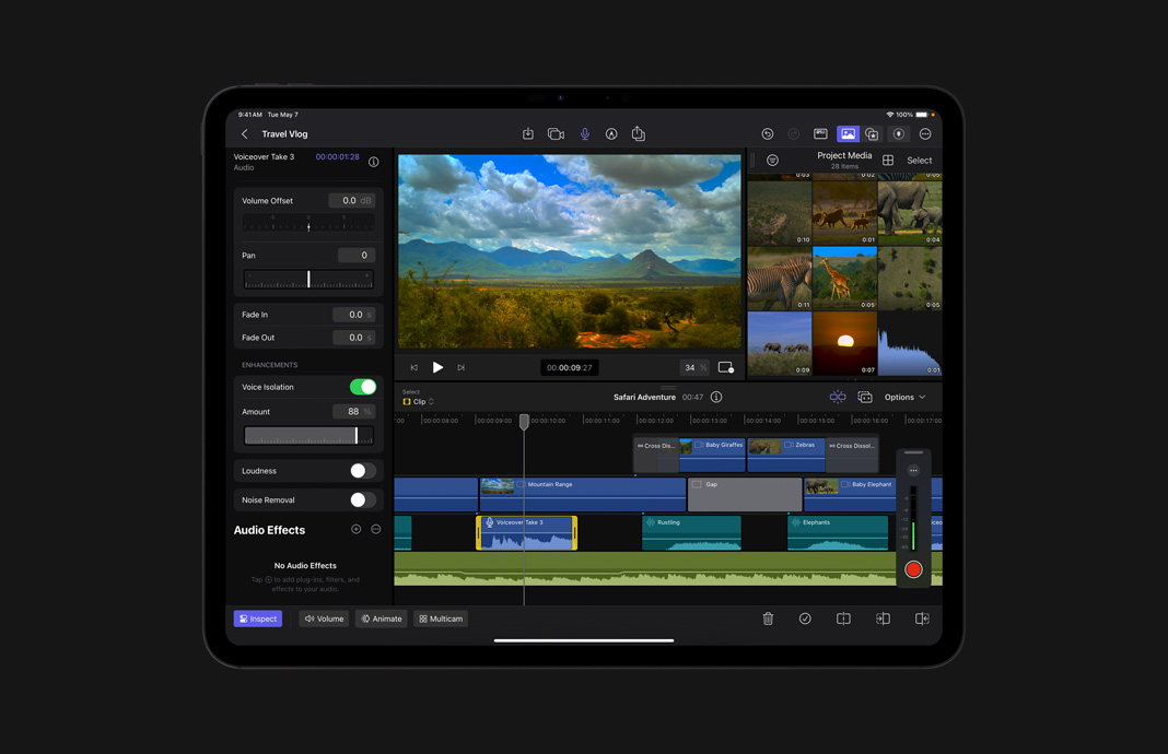 在 iPad Pro 上使用 iPad 版 Final Cut Pro 調(diào)整音頻，以消除背景噪聲。