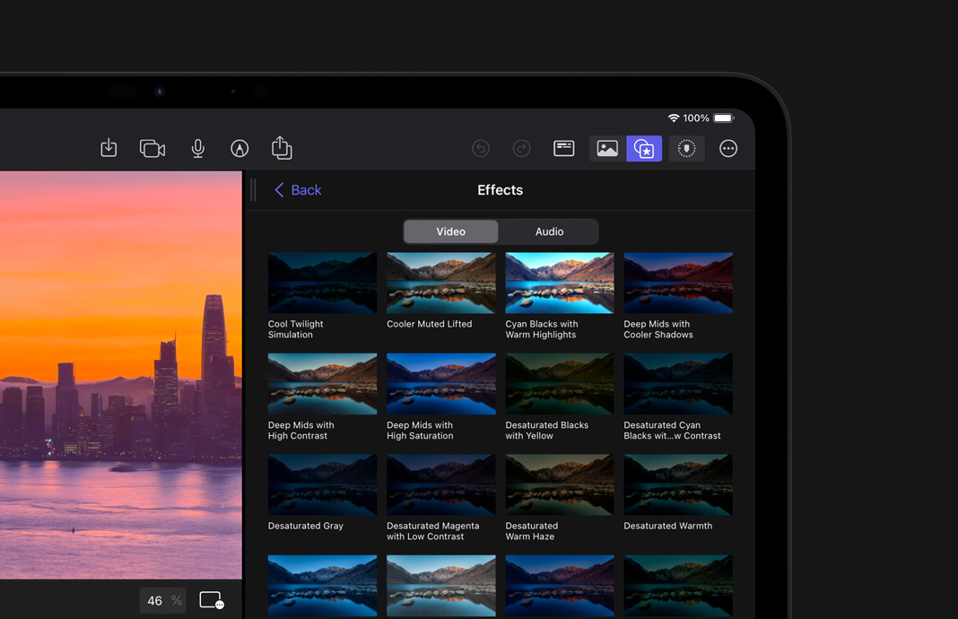iPad Pro 上的 iPad 版 Final Cut Pro，展示各種視覺效果應用于自然風光素材的縮略圖。