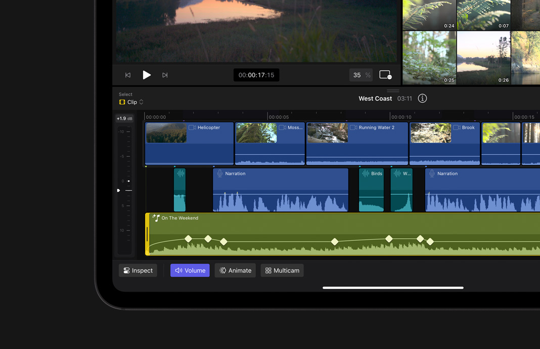 在 iPad Pro 上使用 iPad 版 Final Cut Pro，展示使用關(guān)鍵幀進行制作的動畫視頻。