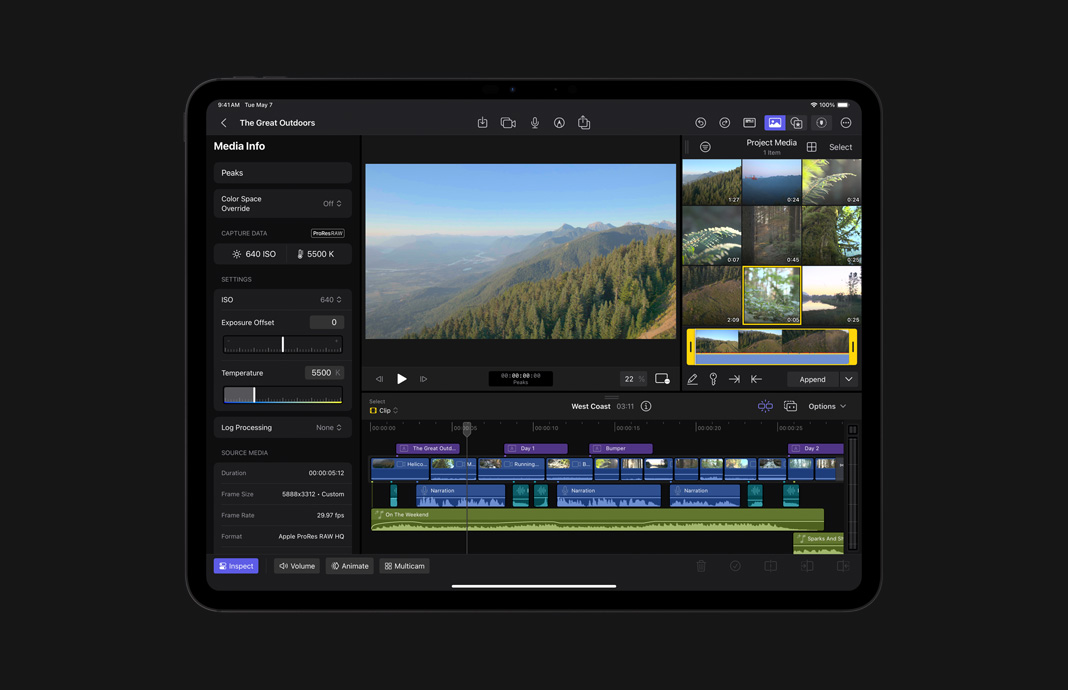 iPad Pro 上的 iPad 版 Final Cut Pro 中，ProRes Raw 素材的媒體信息界面，展示其圖像數(shù)據(jù)。