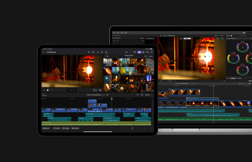 iPad Pro 和 Mac 并排擺放，展示同一段玻璃吹制工藝的素材。iPad?Pro 上 iPad 版 Final?Cut?Pro 中的影片，與旁邊的也正在使用 Final?Cut?Pro 的 MacBook?Pro 上的是同一部影片。
