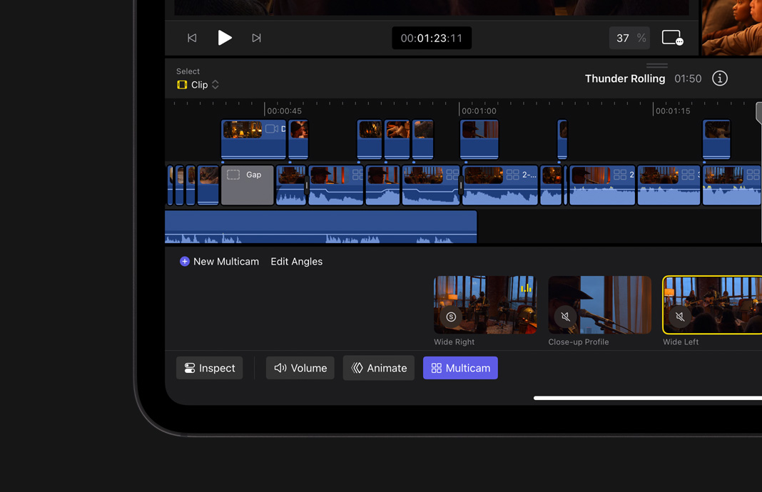 在 iPad Pro 上使用 iPad 版 Final Cut Pro，在磁性時間線中切換角度。
