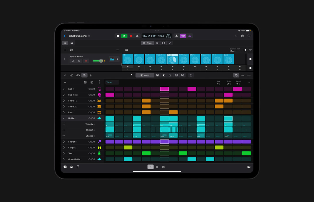 iPad 版 Logic Pro 中的步進(jìn)音序器的用戶界面。