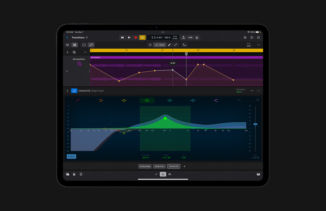 iPad Pro 特寫視圖展示 iPad 版 Logic Pro 的混音控制臺上的通道條