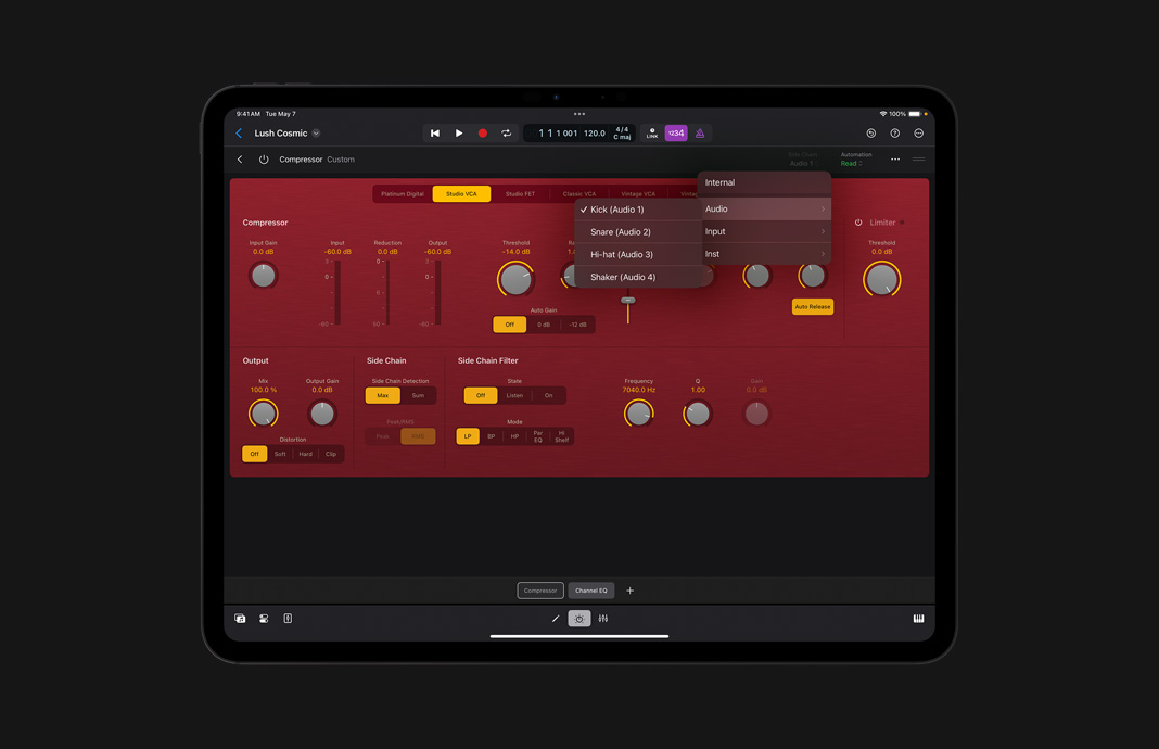 iPad 版 Logic Pro 中的一款 compressor 插件的用戶界面。