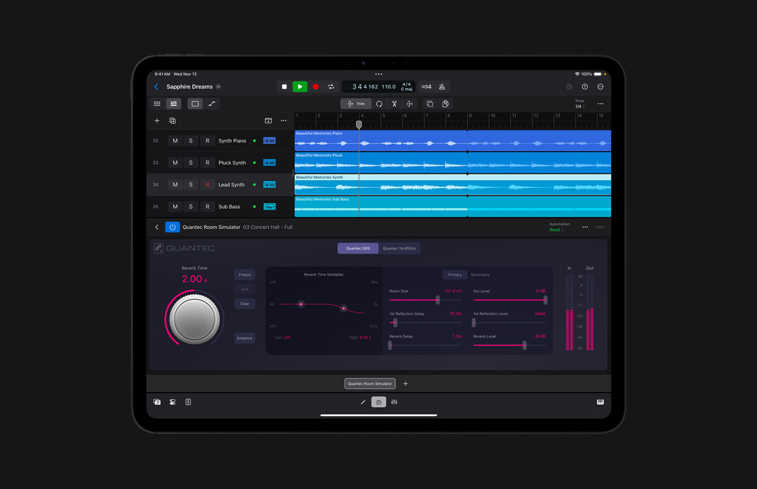 iPad 屏幕展示精準(zhǔn)空間模擬器 Quantec 的混響畫面。