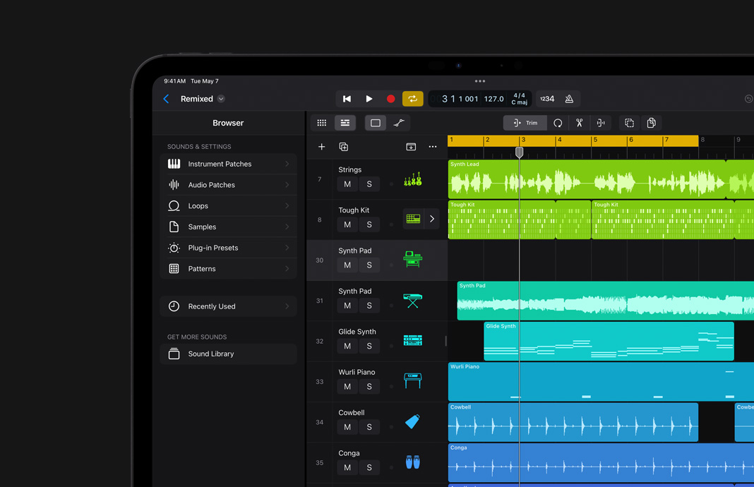 iPad Pro 展示 Logic Pro 聲音資源庫的速覽視圖。