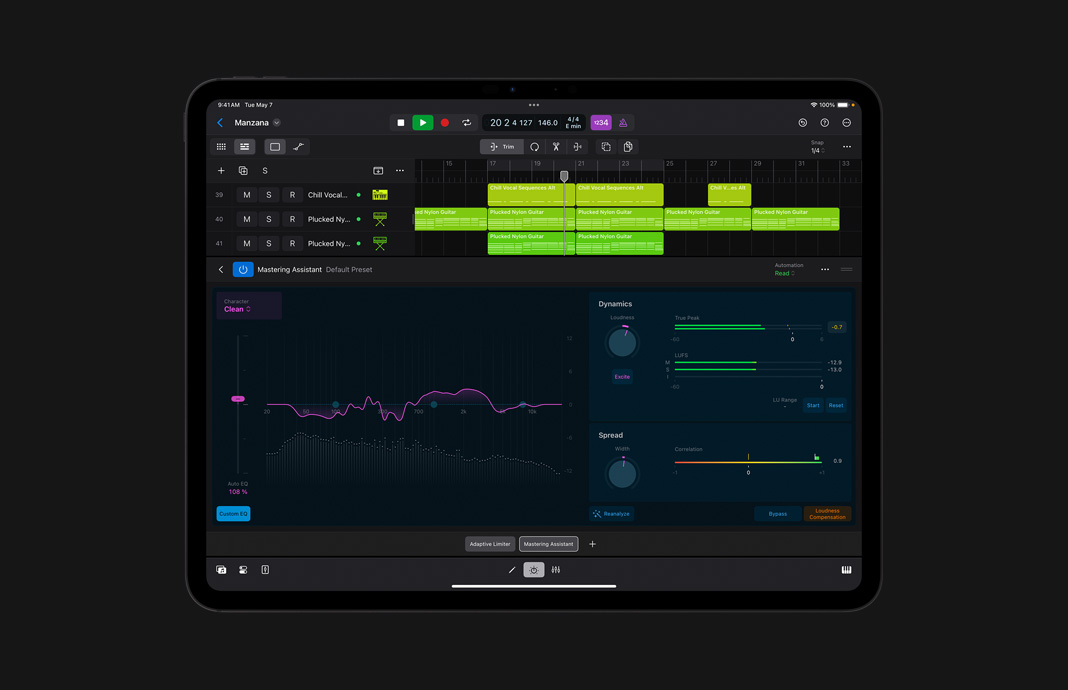 在 iPad Pro 上使用 iPad 版 Logic Pro，Mastering Assistant 用戶界面顯示均衡器、動態(tài)參數(shù)和 Spread 設(shè)定。