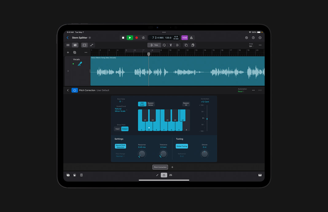 iPad 版 Logic Pro 中的音高修正用戶界面。