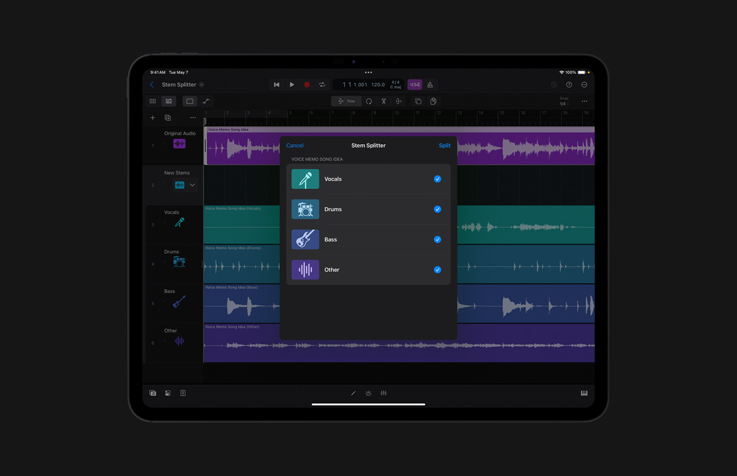 iPad Pro 展示，在 iPad 版 Logic Pro 中使用大分軌拆分器拆分音頻。