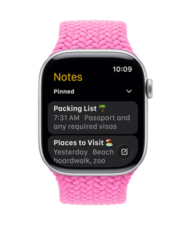 銀色 Apple Watch 搭配牡丹色編織表帶，表盤顯示備忘錄 app，其中有兩條置頂備忘錄。