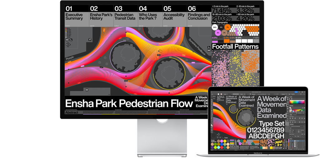 13 英寸 MacBook Air 和 Studio Display 并排放置，屏幕上展示 Adobe Illustrator 中的一個(gè)項(xiàng)目。