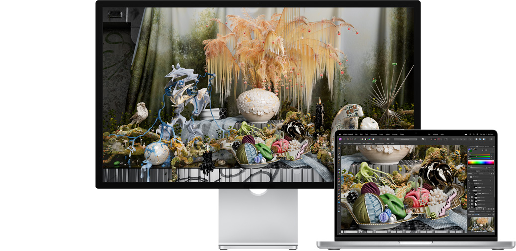 14 英寸 MacBook Pro 和 Studio Display 并排放置，屏幕上展示 Affinity Photo 中的一個(gè)項(xiàng)目。