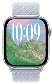 Apple Watch 屏幕展示風(fēng)景照片表盤(pán)，時(shí)間大小和語(yǔ)言文字均為自定義