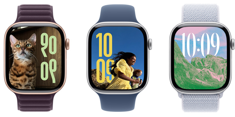 三款照片表盤(pán)展示在三個(gè) Apple Watch 屏幕上，使用的圖片、時(shí)間大小和語(yǔ)言文字各不相同。