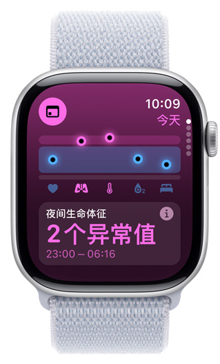 Apple Watch 屏幕顯示夜間生命體征有 2 個(gè)異常值。